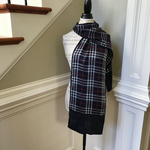 Burberry Silk Rectangle Scarf Navy Blue Red White Plaid Wrap Neck Kerchief - Picture 10 of 11